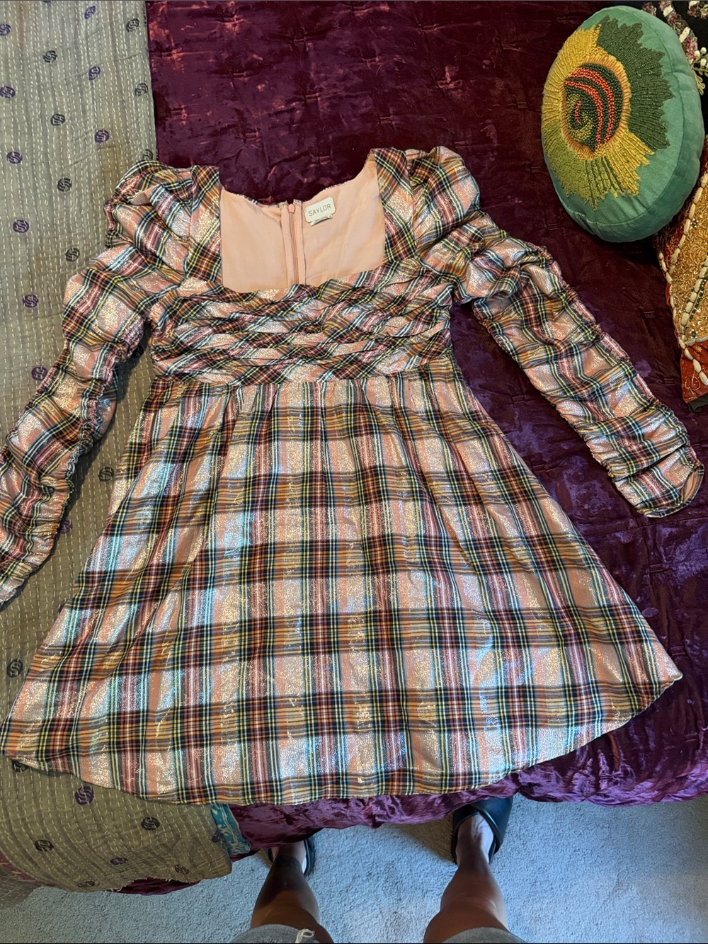 SAYLOR Sparkly Pink Plaid Mini Dress Worn Once With Runched Sleeves